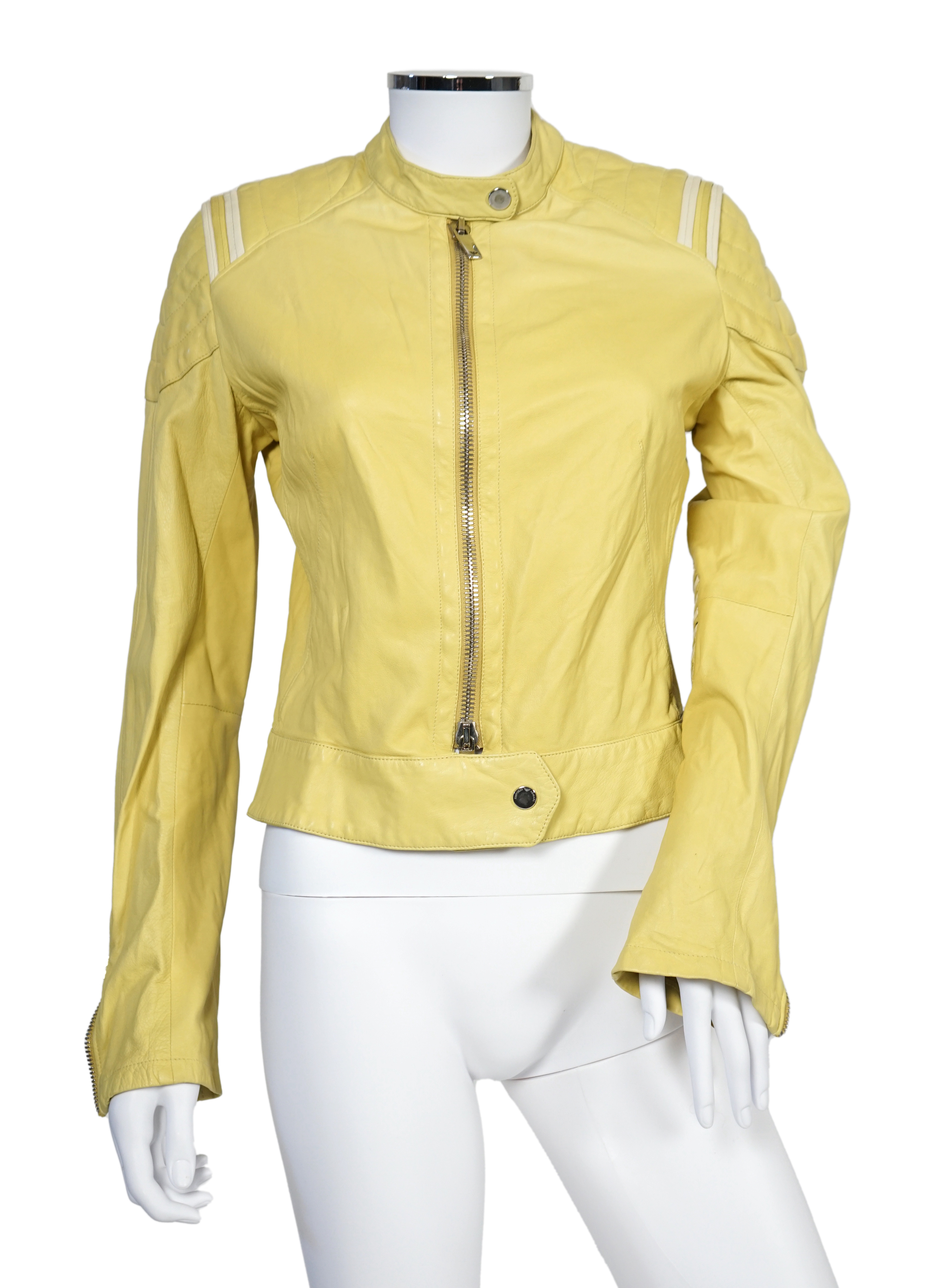 Two Emporio Armani lady's black jackets and one yellow leather biker jacket, long jacket size EU 40, both the others are size EU 42